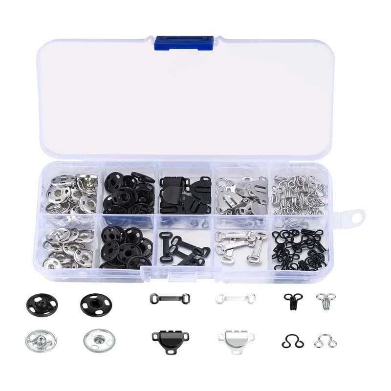 Set da 100 Pezzi di Ganci e Occhielli per Cucito con Scatola Portaoggetti, 3 Stili di Chiusure a Gancio e Occhiello, Kit di Bottoni a Pressione per Cucito Fai-da-Te di Gonne, Reggiseni e Vestiti