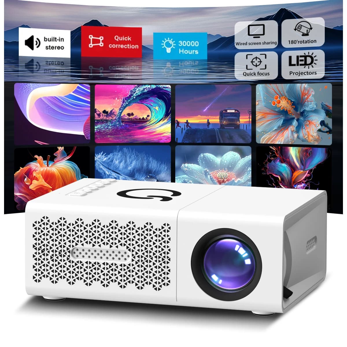 Proiettore portatile, risoluzione nativa 720P, display da 30-100 pollici, proiettore per home theater, viaggi e giochi, regalo per le vacanze