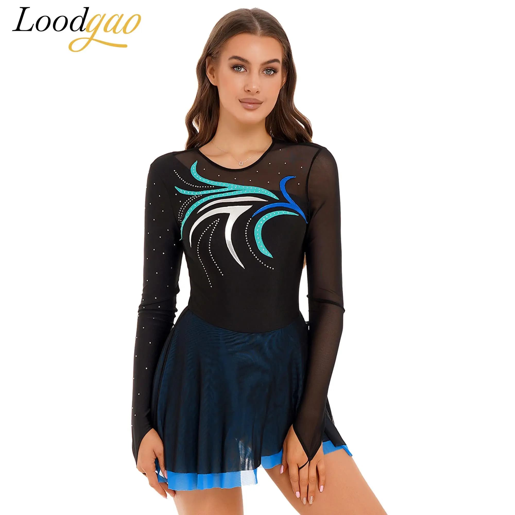 Abiti da pattinaggio su ghiaccio a maniche lunghe in rete trasparente da donna Abbigliamento da ballo Balletto Danza Ginnastica Body Strass Abiti da pattinaggio di figura