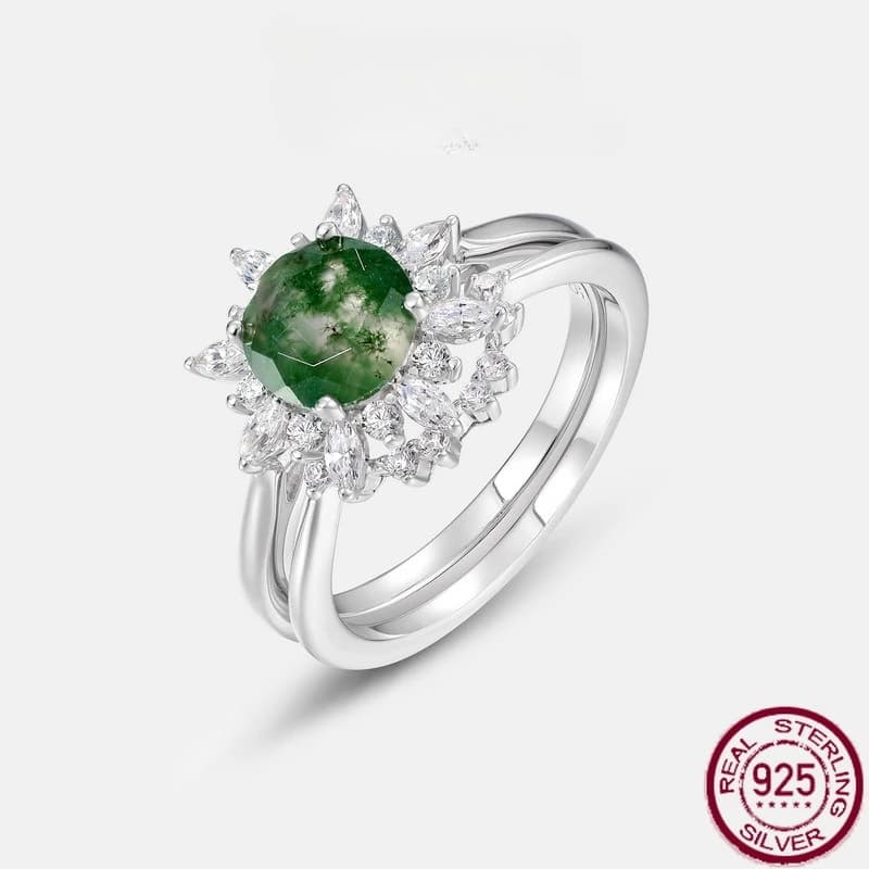 Nuovo S925 argento puro girasole luce lusso acqua naturale erba agata verde muschio pietra combinazione anello gioielli da sposa