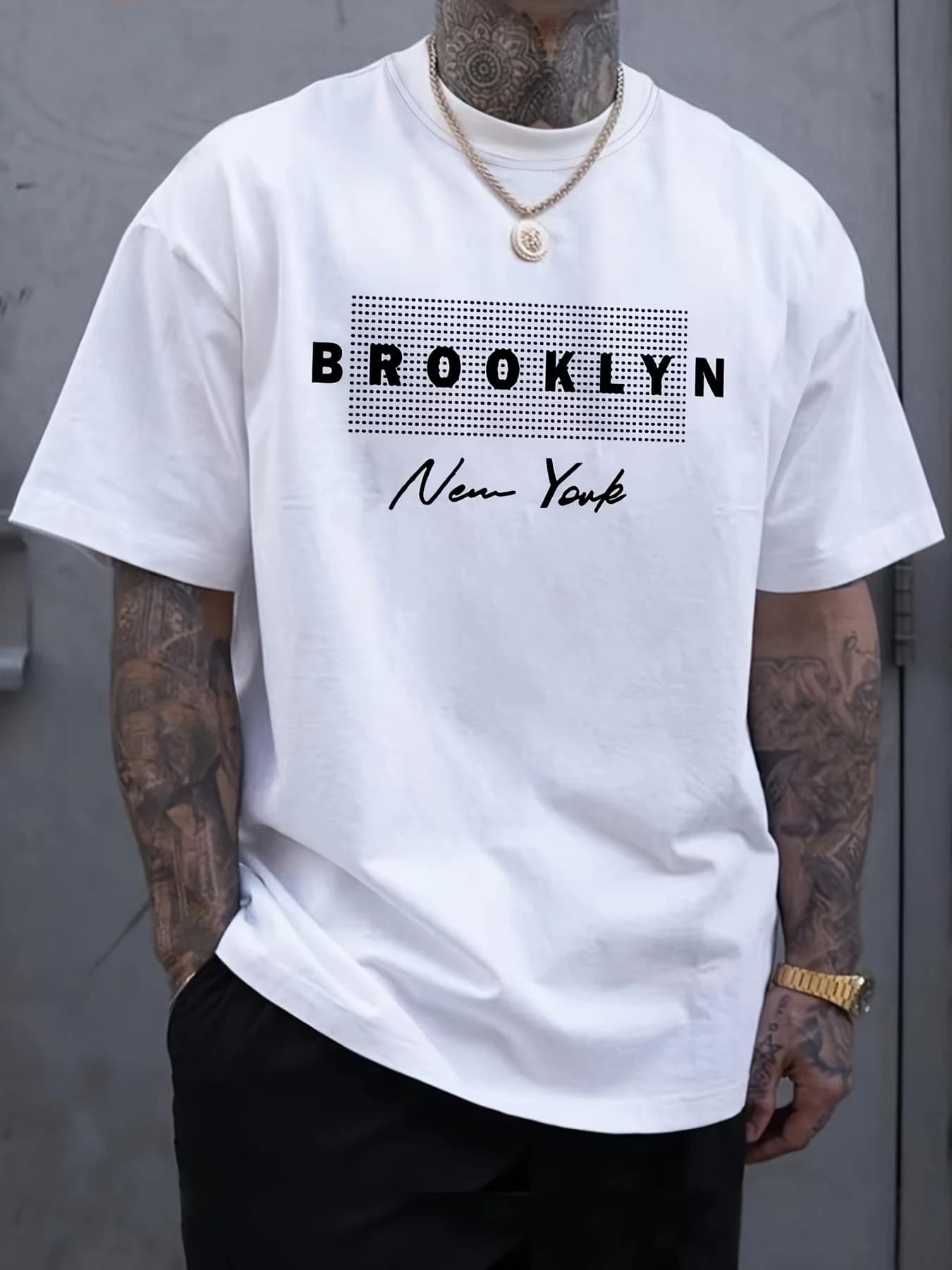 2026New Men's Summer 100% Pure Cotton Brooklyn Graphic Printed Fashionable Casual Loose Round Neck Short Sleeved T-shirt Top