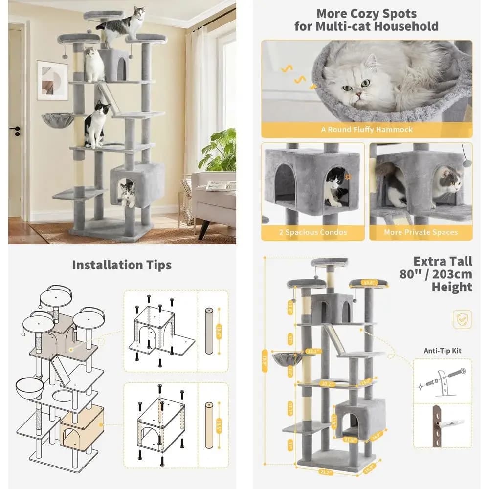 Torre per Gatti da Interno 80 cm per Gatti Grandi: Design Moderno con Tiragraffi, Amaca, 3 Posti Sdraio, 2 Cucce, Grigio Chiaro