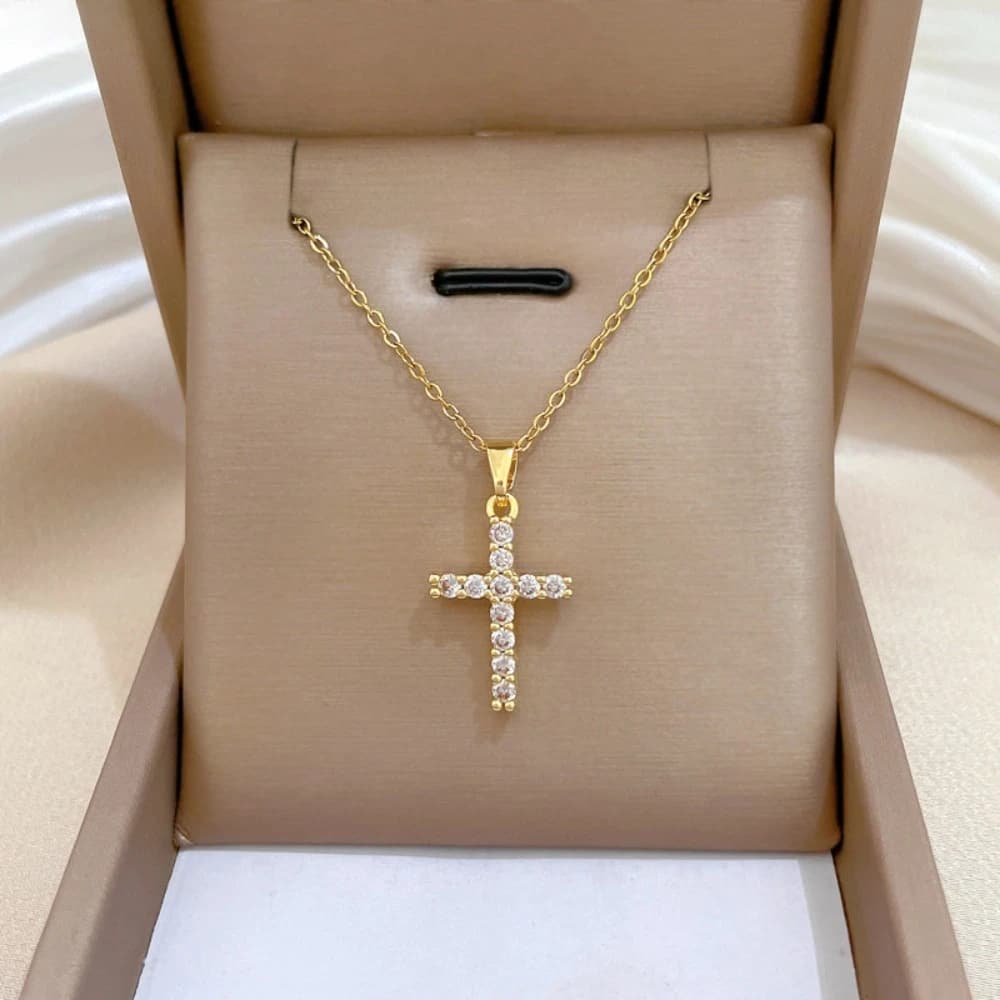 Minimalist Gold Color Stainless Steel Full Round Zircon Cross Pendant Necklace for Men Women Christian Clavicle Chain Jewelry