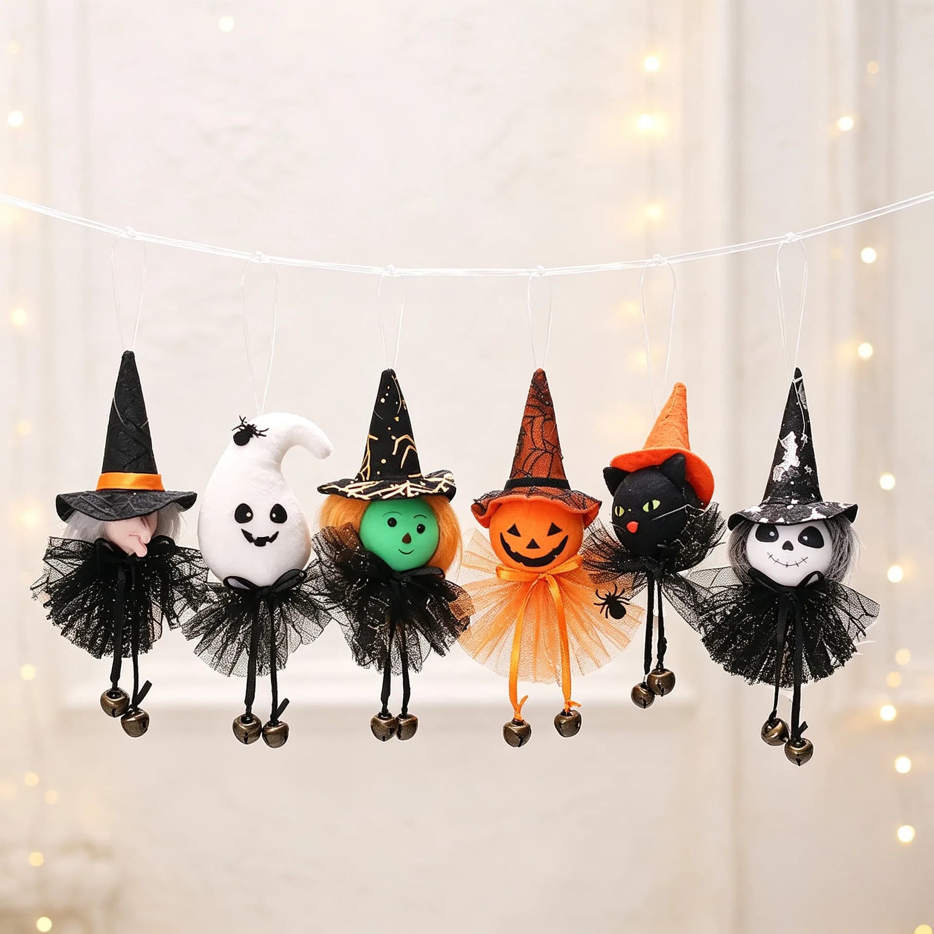 Halloween Hanging Doll Ornaments Witch Ghost Pumpkin Black Cat Plush Pendant with Bells for Halloween Tree Home Party Decor