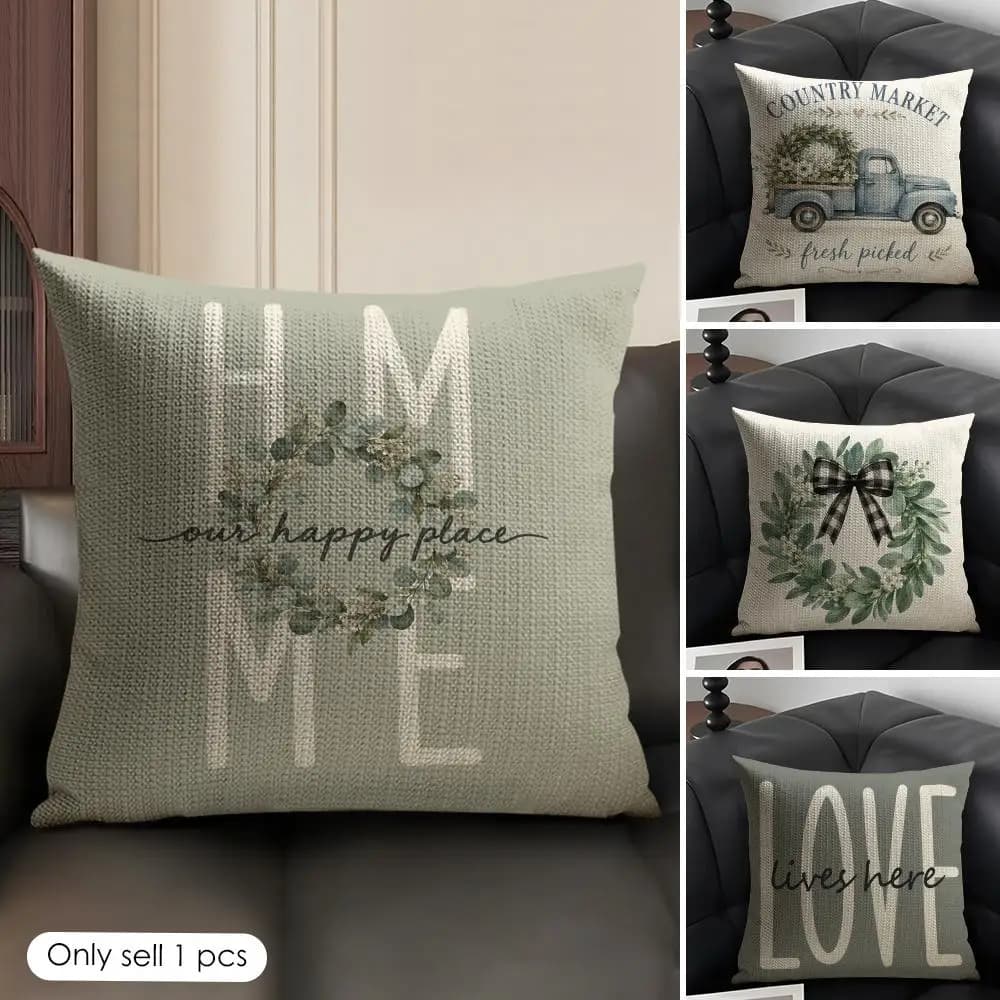Wreath Truck Cushion Cover Linen Organic Fabric Double-Sided Printing Sofa Breathable Home Decor Gift Pillow Case