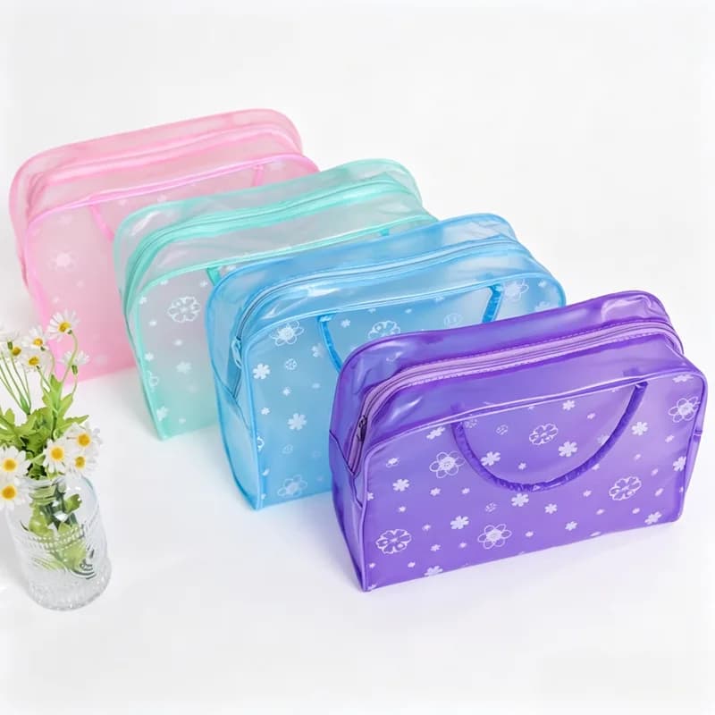 Flower Print PVC Makeup Bag Waterproof Transparent Cosmetic Bag Portable Handheld Travel Toiletry Pouch Organizer for Women