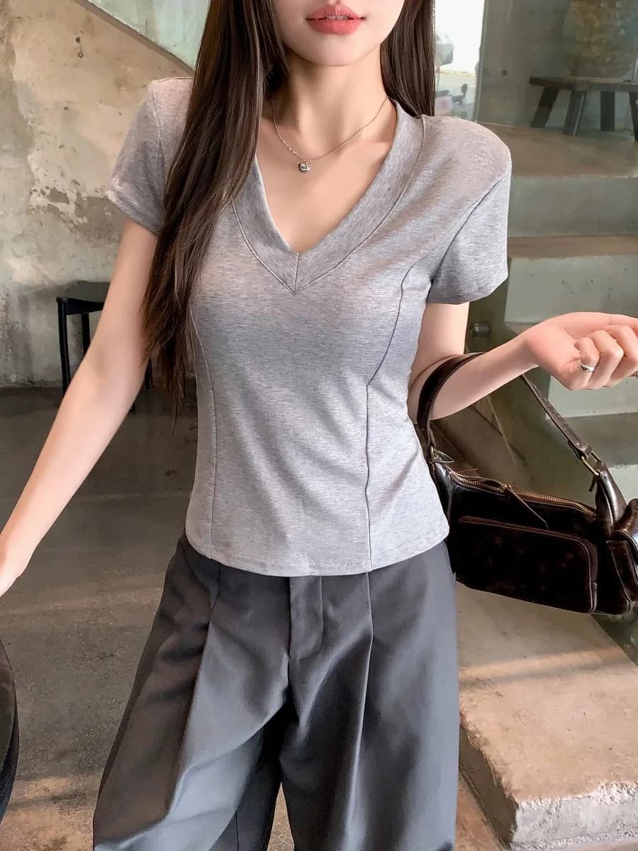 Slim Fit Short Sleeve V-Neck T-Shirt Women's Cotton 95% Summer Top plus Size Color Commute Style Regular Length