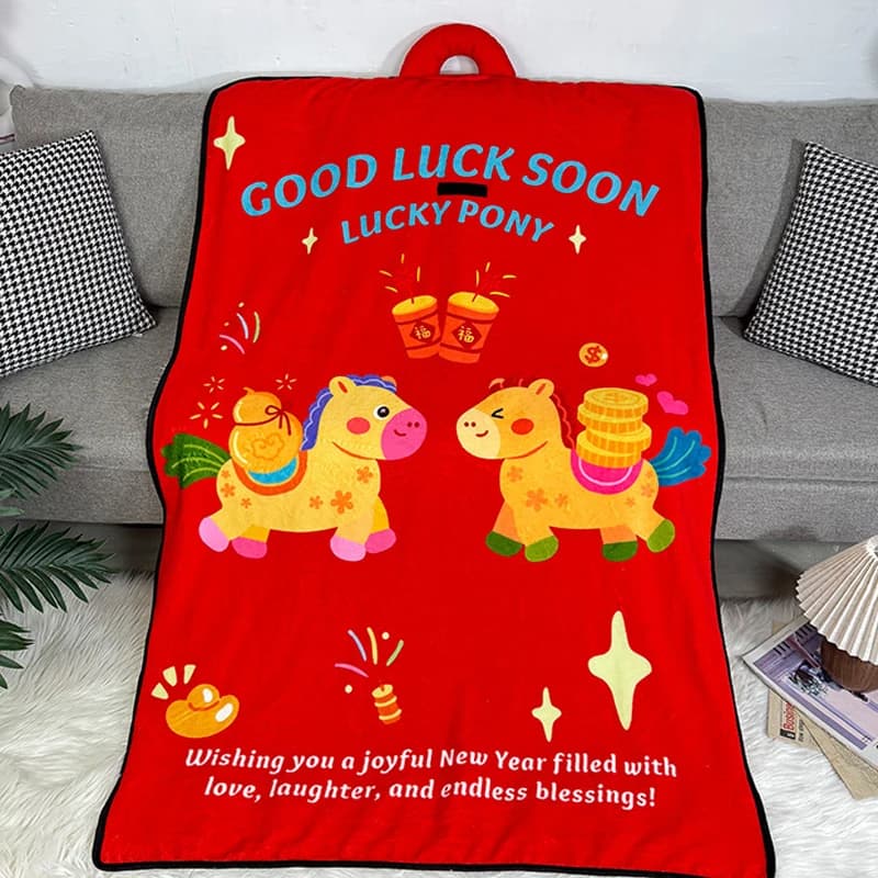 Coperta in Flanella Doppio Uso Anno del Cavallo, Coperta in Lana d'Agnello Ispessita, Copridivano, Coperta per Pisolino in Ufficio, Cuscino Pieghevole, Regalo Festivo Rosso