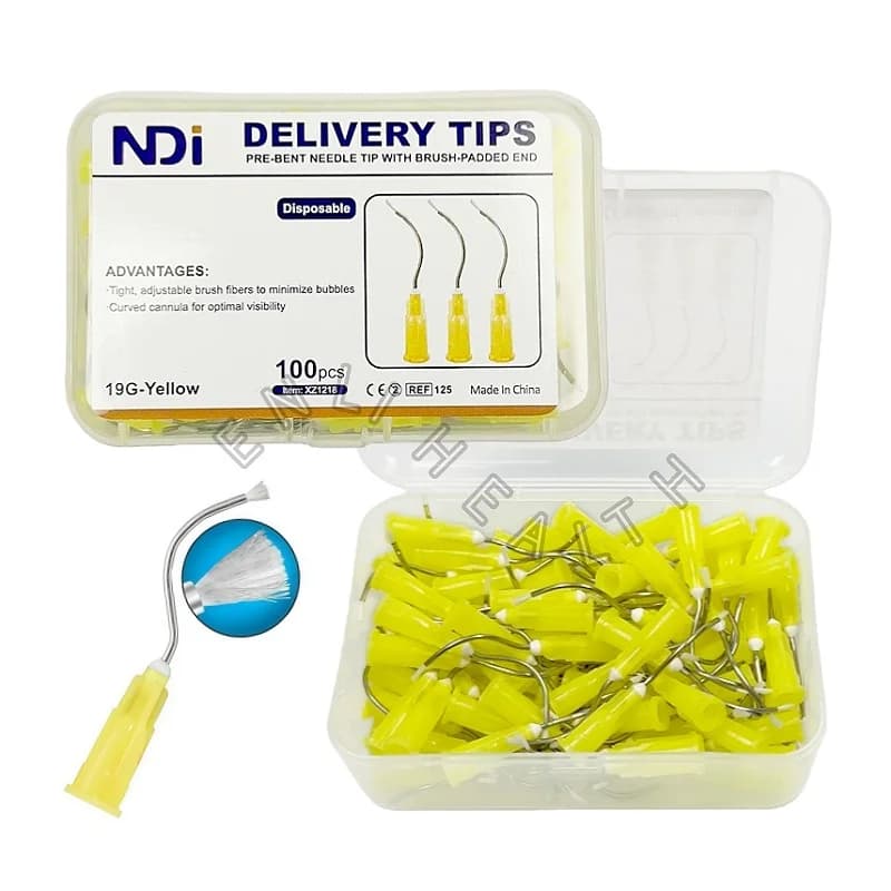 100 pz Dentale Usa E Getta In Metallo Infusore Punta Gialla Con Spazzola Imbottita Irrigazione Dentale Pre Piegato Punte Dell'ago Strumenti di Pulizia Dei Denti