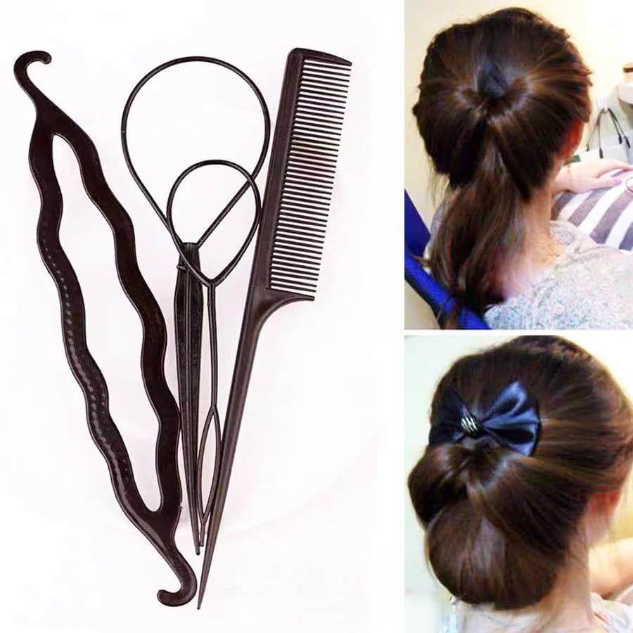 Stylish tool kit for woven hair from 4 pieces with needle for pulling hair and styling accessories with double hook for beautiful hairstyles