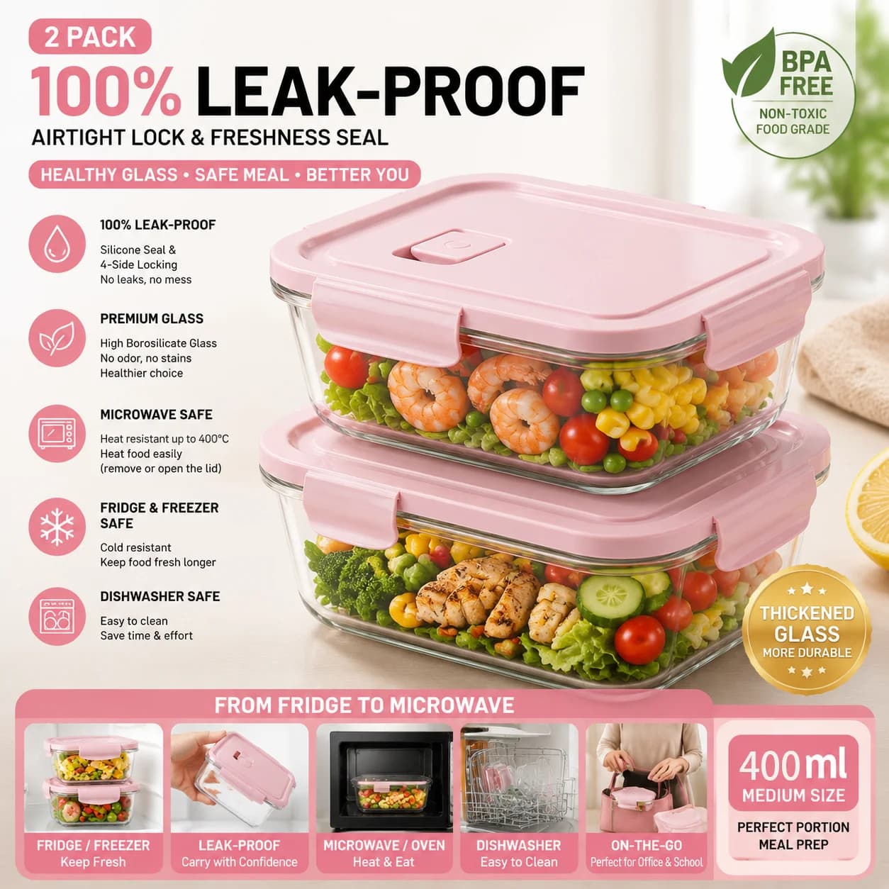 Set di Contenitori per Alimenti Rettangolari Rockpowder, Ermetici con Coperchio, Adatti al Microonde e Antiperdita, Rosa 400ml~1090ml