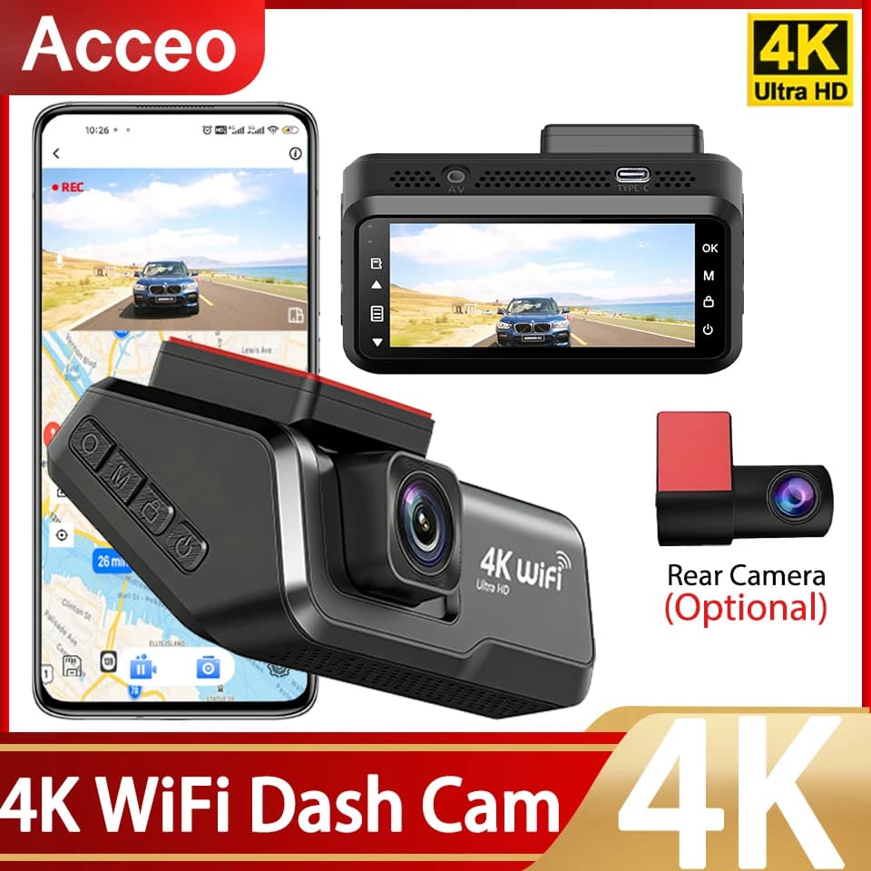 Acceo 4K Dash Cam Ultra HD 4K Front WiFi and App Driving Recorder Optional 1080P Rear Camera Support GPS Parking Mode Black Box