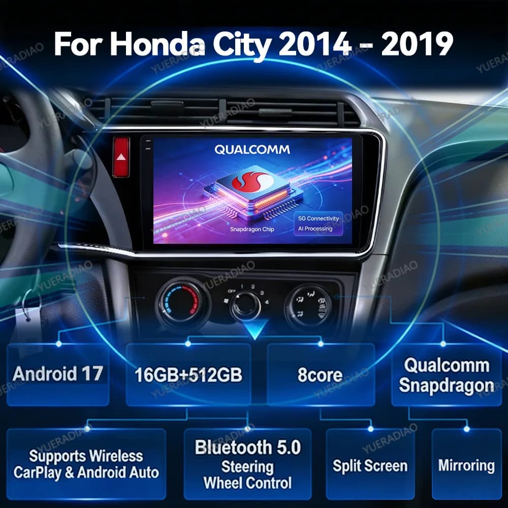 Android 17 Car Radio For Honda City Grace 2014 2015 2016 2017 Head Unit Multimedia Video Player GPS NAVI QLED 4G WIFI Qualcomm