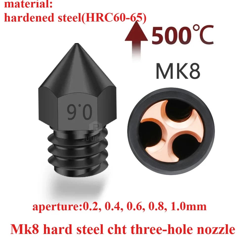 3D printer accessorie MK8 hardened steel three-hole CHT nozzle three-hole clone high flow high temperature wear resistant nozzle