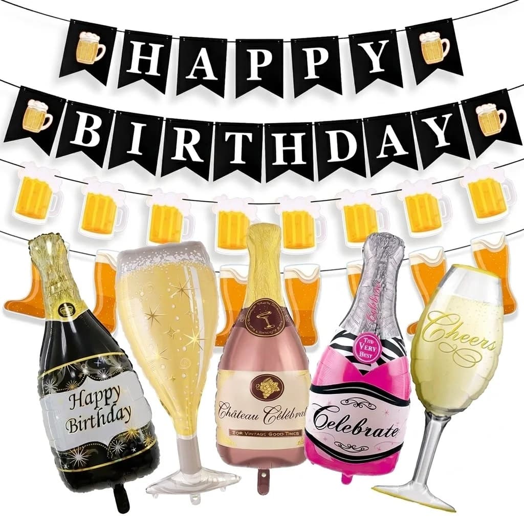 Decorazioni per Feste di Compleanno per Adulti, Grandi Palloncini in Foil a Forma di Boccale di Birra, Globos ad Elio per Uomini e Donne, Striscione di Buon Compleanno Nero e Oro