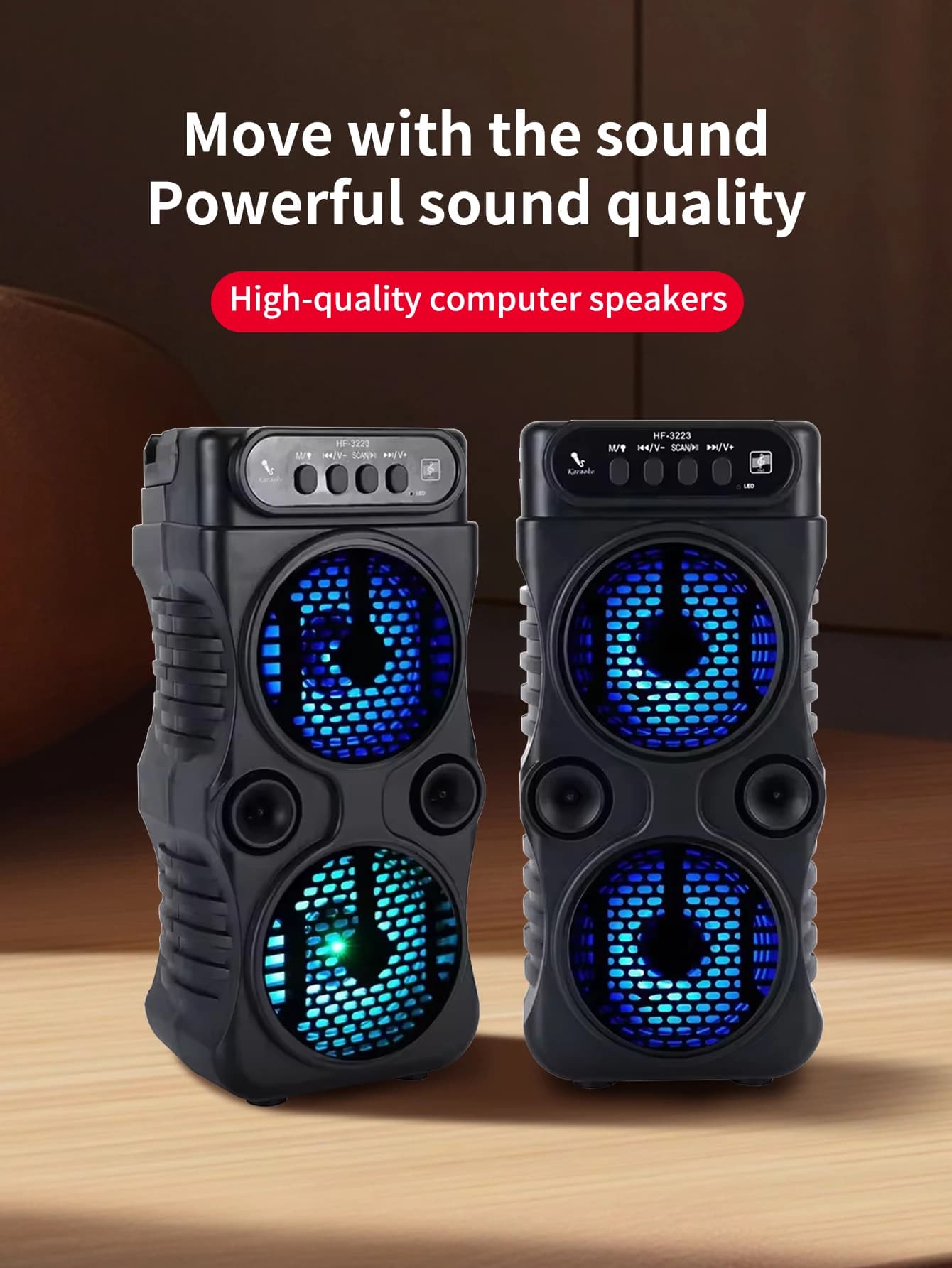 Altoparlante Bluetooth wireless portatile da esterno HF-3223, doppio subwoofer stereo da 3 pollici per musica, ideale per feste, karaoke in famiglia.