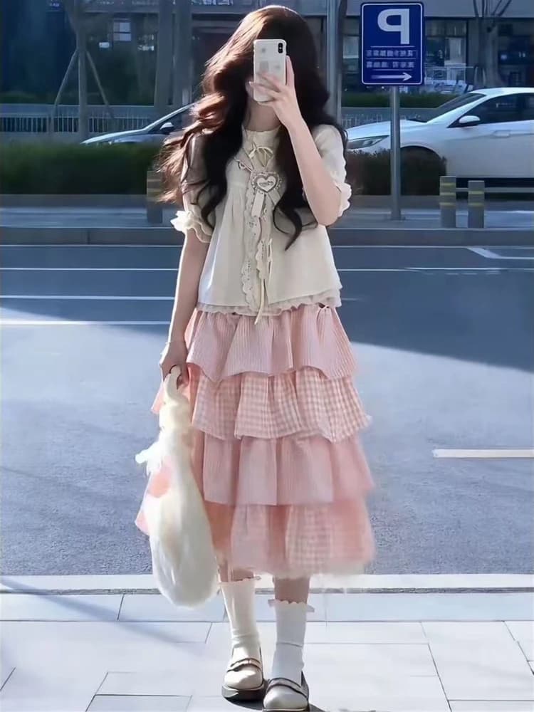 Completo due pezzi stile francese rosa dolce: Top e gonna lunga a quadri rosa stile fata, design Kawaii, collezione 2026