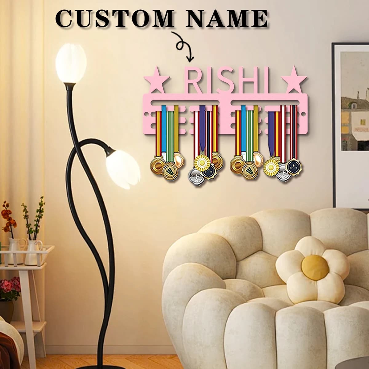 1pc Custom Modern Style Star Decor Frame Wooden Sports Medal Holder, Wall Mounted Display Stand for Sports Lovers Gift