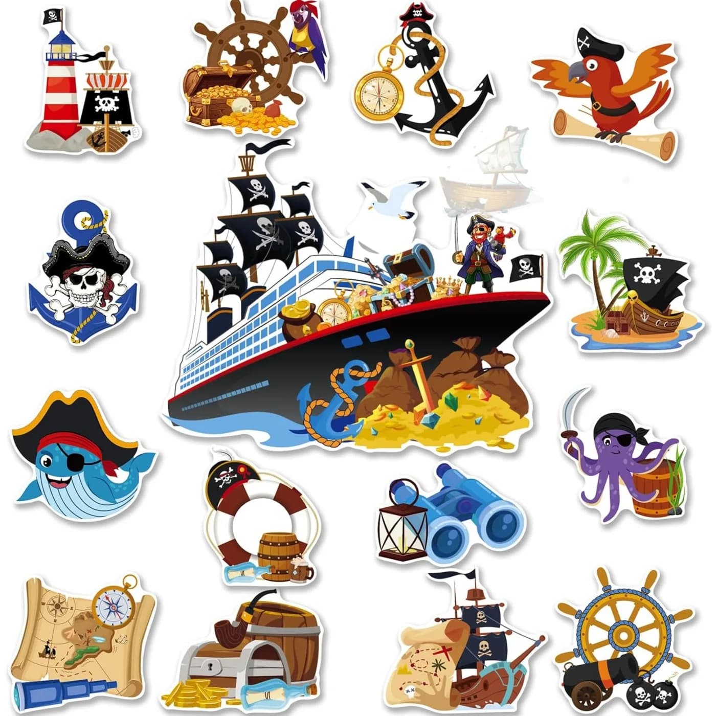 Set di 15 magneti da porta a tema pirata – Capitano con teschio, scrigno del tesoro, pappagallo, segni nautici, decorazioni per porta a tema carnevale