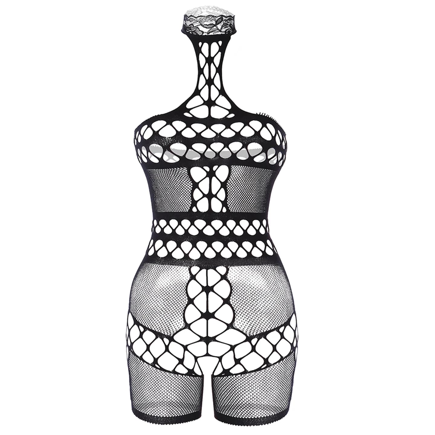 New Halter Night Club Wear Sexy Mesh Hollow Fishing Net Body Suits Female Slim Bodysuit Erotic Transparent Jumpsuit