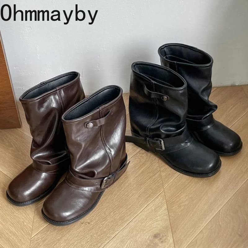 Autumn Double Buckle Women Ankle Boots Concise Round Toe Square Heels Shoes Vintage Slip On Western Leather Short Booties