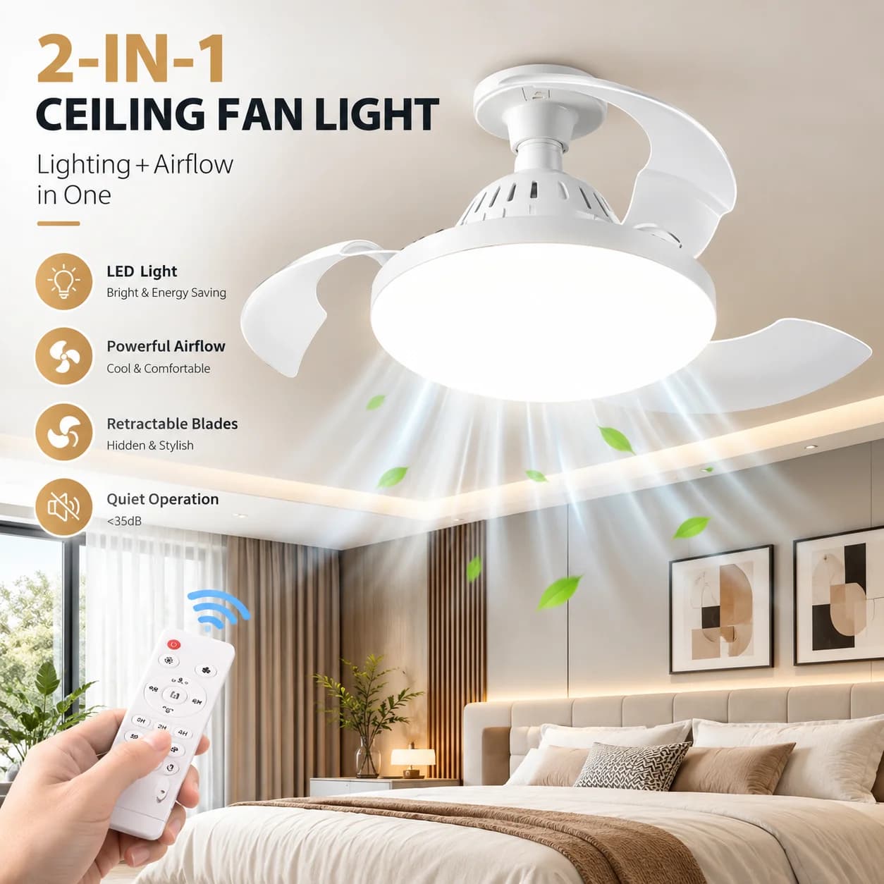 Invisible Telescopic Blade Ceiling Fan with Light - Silent Dimming Timed Air Circulation Room Decor Fan for Home