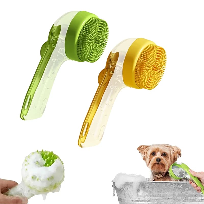 Spazzola da bagno per animali domestici Manico lungo Doccia in silicone morbido Strumenti puliti Scrubber per toelettatura con dispenser per shampoo Spazzola da bagno per cani e gatti
