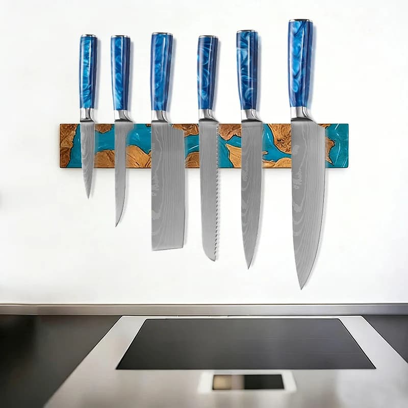 Portacoltelli Magnetico in Resina e Legno Blu e Rosso, Supporto da Parete per Coltelli da Cucina, Multiuso, 40CM
