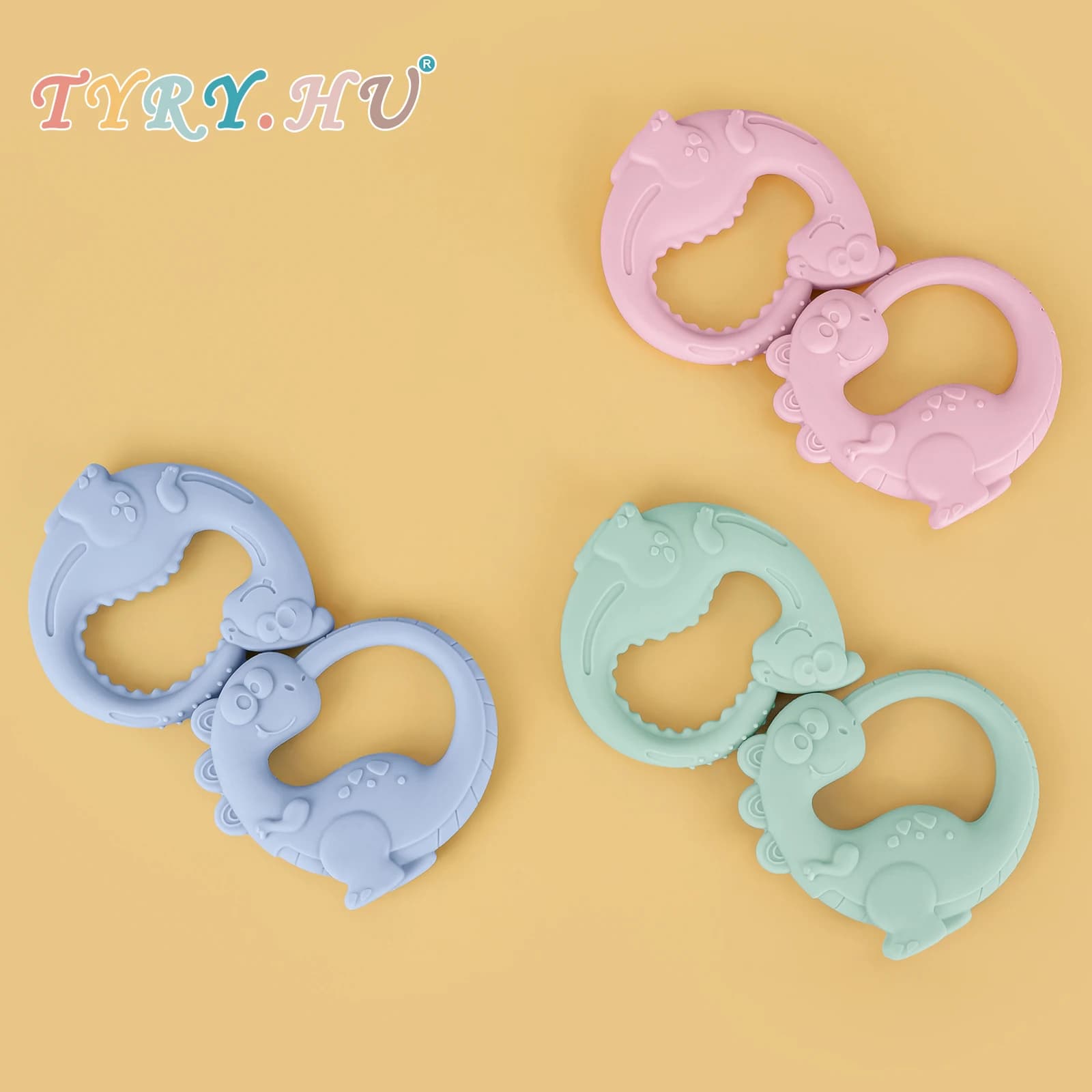 TRYR.HU 2 pezzi/1 set giocattolo da masticare in silicone morbido a forma di dinosauro carino, leggero, regalo di Pasqua accessori per braccialetti massaggiagengive in silicone