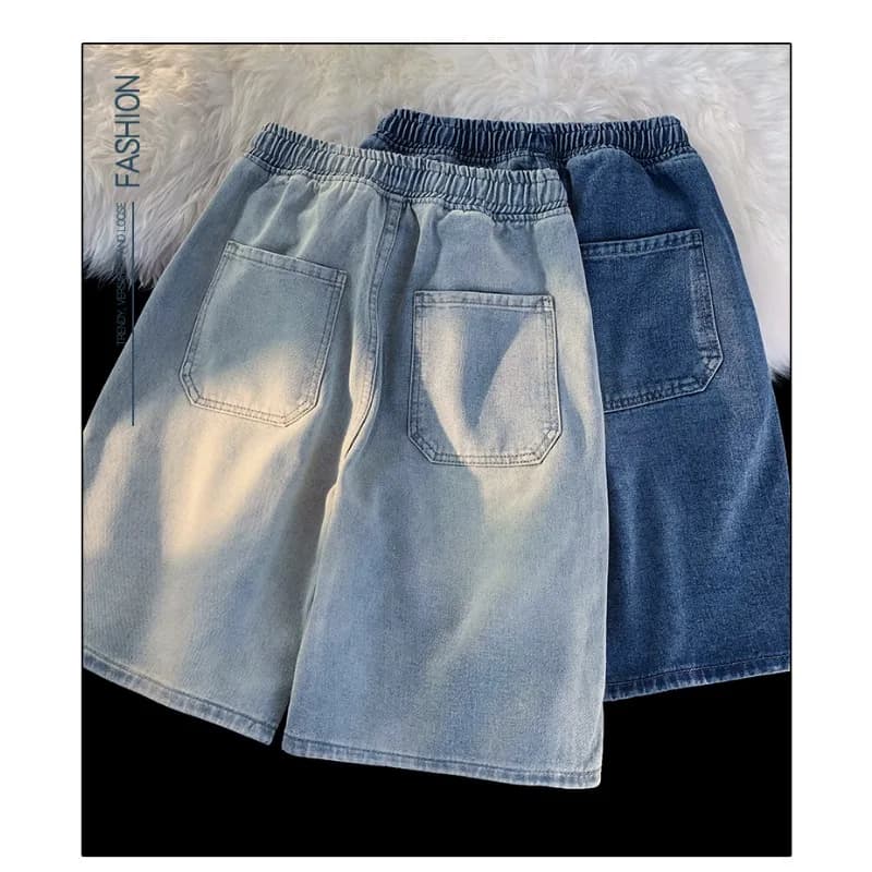 Summer Trend Loose Wide Leg Denim Shorts For Men Elastic Drawstring Waist All Match Casual Bottoms