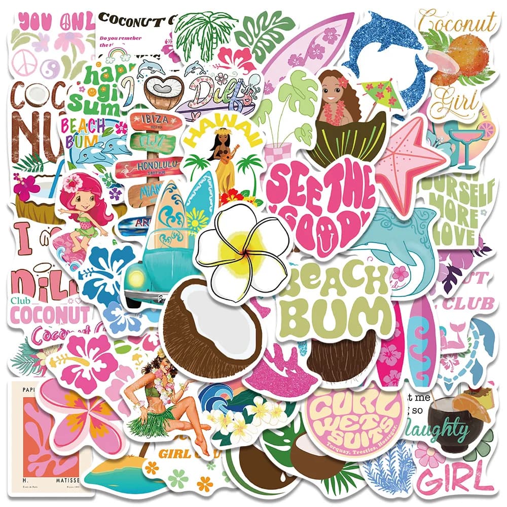 50 pezzi di cartoni animati estivi cocco ragazza spiaggia adesivi Kawaii fai da te graffiti adesivo bagagli da viaggio chitarra frigorifero laptop decalcomania per bambini
