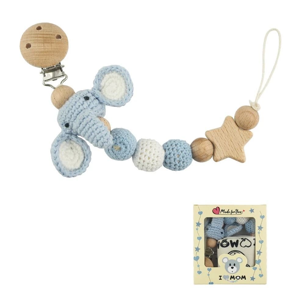 Clip per ciuccio per bambini Clip per ciuccio per animali all'uncinetto in legno Cinghie per giocattoli per massaggiagengive per bambini Clip per porta ciuccio per catena per ciuccio per bambini