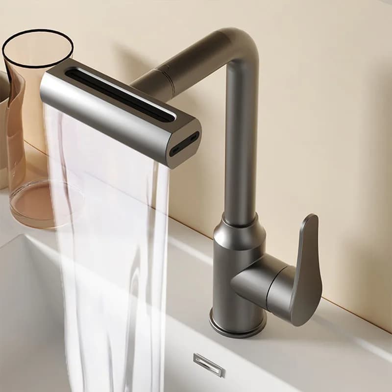 Rubinetti per lavabo da bagno grigi a 4 modalità Rotazione Cascata Spruzzatore a flusso nero Miscelatore per lavabo Rubinetto per acqua in nichel spazzolato