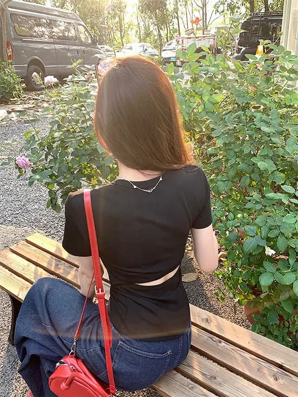 Korean Style Short Sleeve T-Shirt Women's Summer New Fashion Hollow out Back U-Neck Spicy Girl Style Versatile High Quality Top