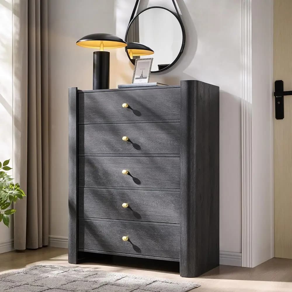 Cassettiera Alta 39,6 Pollici in Legno con Profilo Curvo e Maniglia in Metallo per Camera da Letto, Soggiorno o Corridoio in Grigio