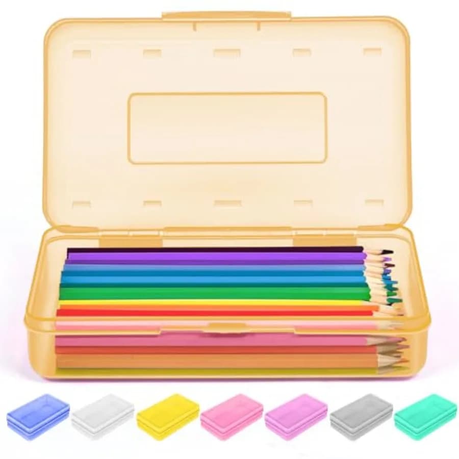 1 Pack Pencil Case, Pencil Box with Stickers, Large Plastic Crayon Box with Snap-tight Lid, Stackable Storage Art Craft Marker