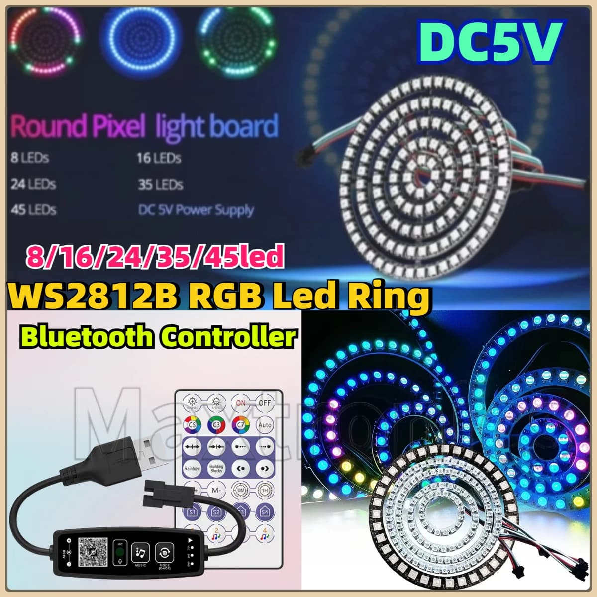 Kit anello LED RGB WS2812B indirizzabile individualmente e controller musicale Bluetooth USB 28 tasti o lampada BuiIt-in 8/16/24/35/45 pixel