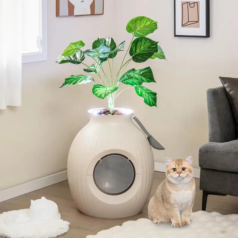 Smart Plant Cat Litter Box with Electronic Odor Removal & Sterilization-Beige