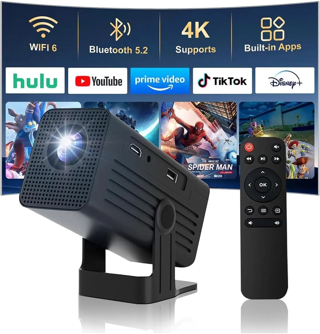 Mini Proiettore con WiFi e Bluetooth, Supporto 4K, 260 ANSI, Correzione Automatica Keystone, 135 ° Rotazione per uso domestico e all'aperto