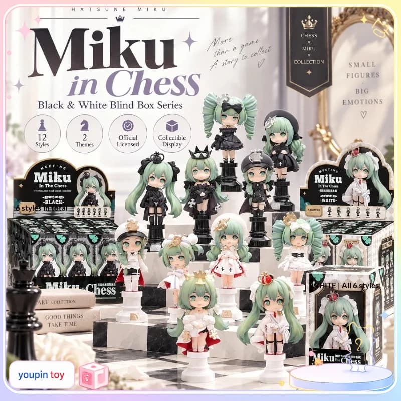 Hatsune Miku In The Chess Mini Figure Blind Box Black White Series Anime Collectible Desktop Decor Display Ornament Boxed Set