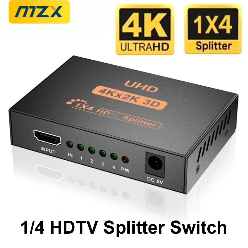 Splitter HDMI MZX 4K X 2K 1 in 4 out, KVM Switch, UHD Video Switcher Cable Adapter for Monitor, Laptop, PC, HDTV