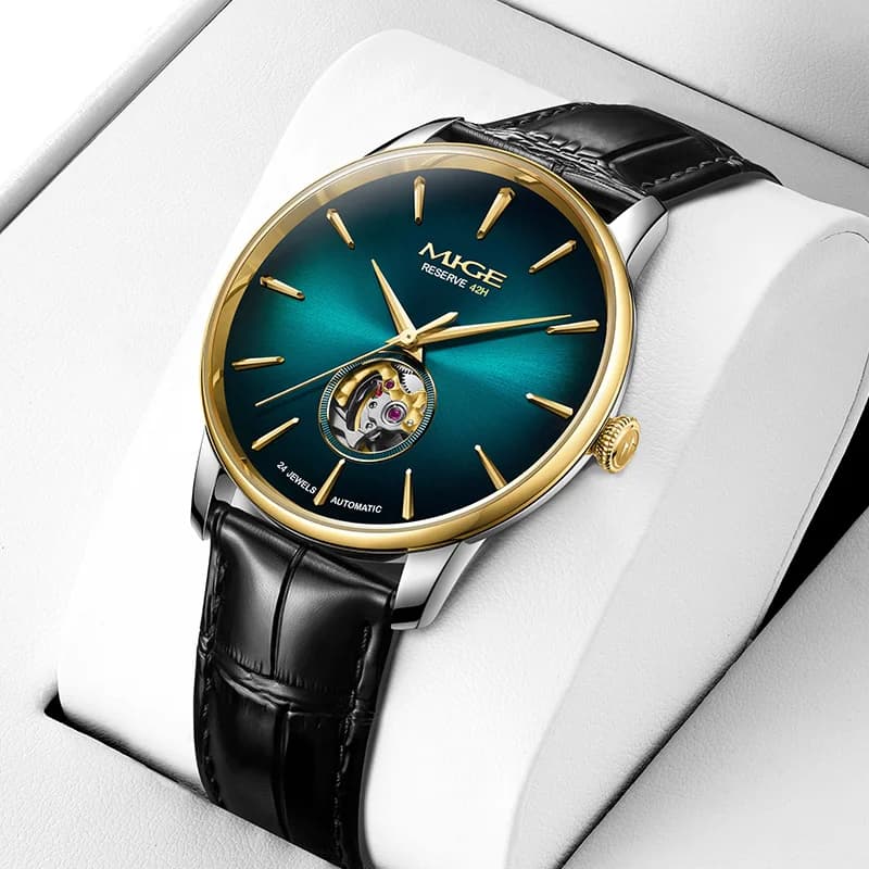 MIGE Slim Mens Open Heart Auto Watch 42 Hours Power Reserve Green Dial Gold Silver Case Black Leather Band Formal Mechanical