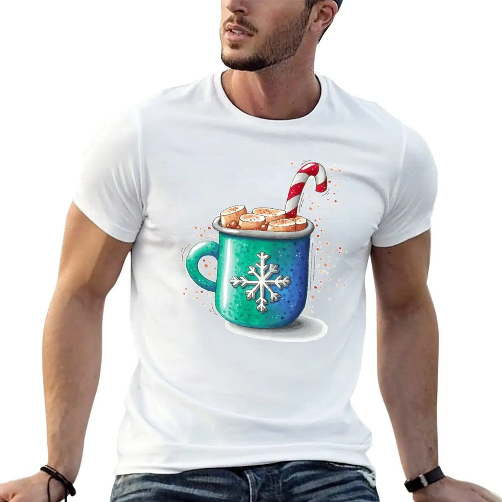 T-shirt con stampa di tazza di Natale con cioccolata calda e marshmallow, t-shirt anime da uomo, t-shirt in cotone da uomo, t-shirt 100% cotone