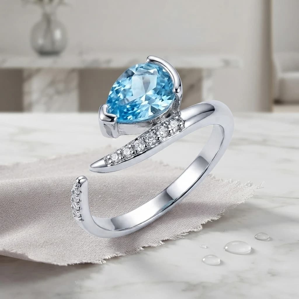 Light Luxury Niche Pear Shaped Blue CZ Adjustable Open Ring Women Band Daily Commute Dating Party Vacation Holiday Gift