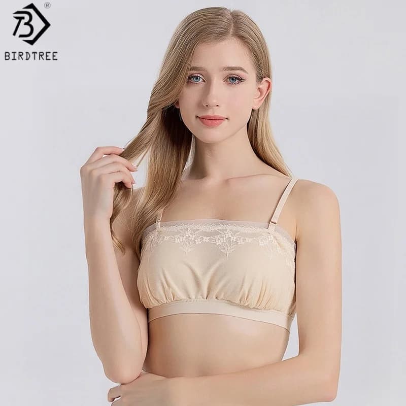 Birdtree, fodera reggiseno senza fili in seta 100%, biancheria intima traspirante da donna, cinturino per spaghetti, reggiseno in pizzo 2025 nuovo A5D930JF
