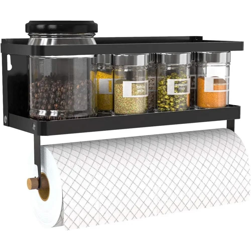 Magnetic Paper Towel Holder, 2-in-1 Magnetic Spice Rack with Hooks, Wall Mount Towel Rack or Refrigerator (Black, With Hook)