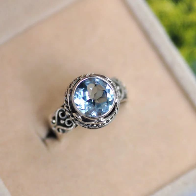 New in Vintage charm patterned rings of precious light blue stones for women fine circular jewelry in neutral style adjustable