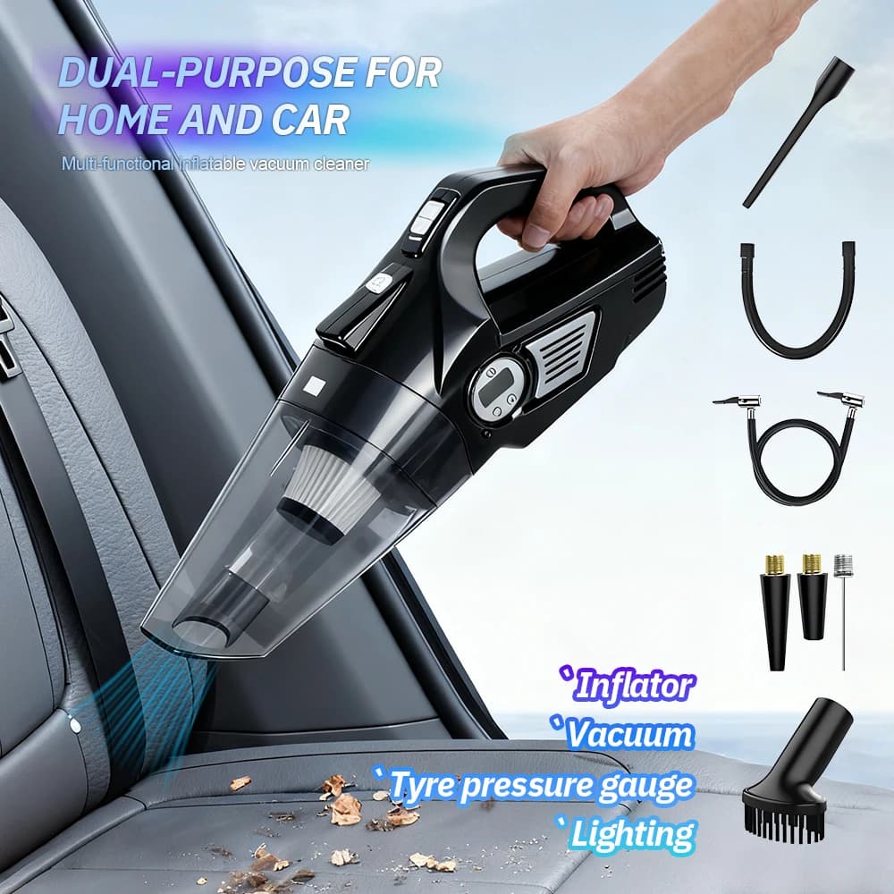 Aspirapolvere per Auto Senza Fili 4-in-1 con Manometro Digitale per Pneumatici, Aspiratore Portatile per Casa e Auto ad Alta Potenza di Aspirazione