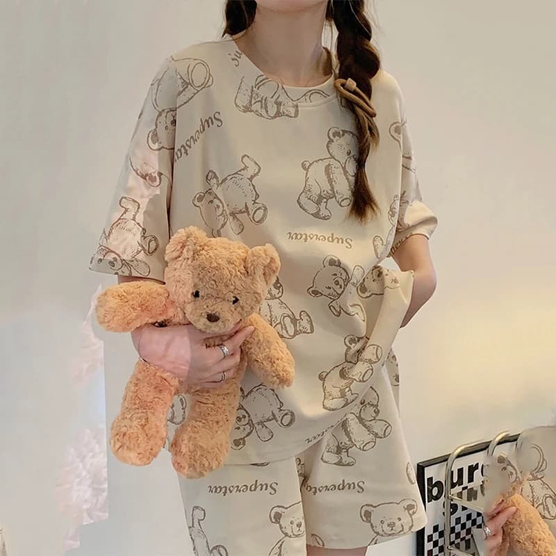 Pigiama Plus Size Donna a maniche corte Corto Dolce Vento Vestito Pigiama scolastico Orso cartone animato Manica corta Abbigliamento esterno Homewear 5xl