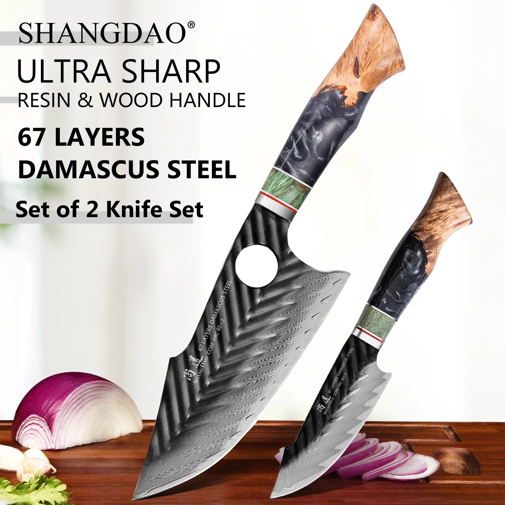 SHANGDA Set of 2 Knives and Knife Multipurpose, Set of Stainless Steel Kitchen Knives Damasked at 67 Roads, Leather Sheet with Handle in Softwood